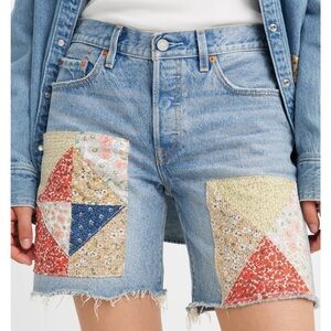 Levi's Blue and Red Jean Shorts with Patchwork Design